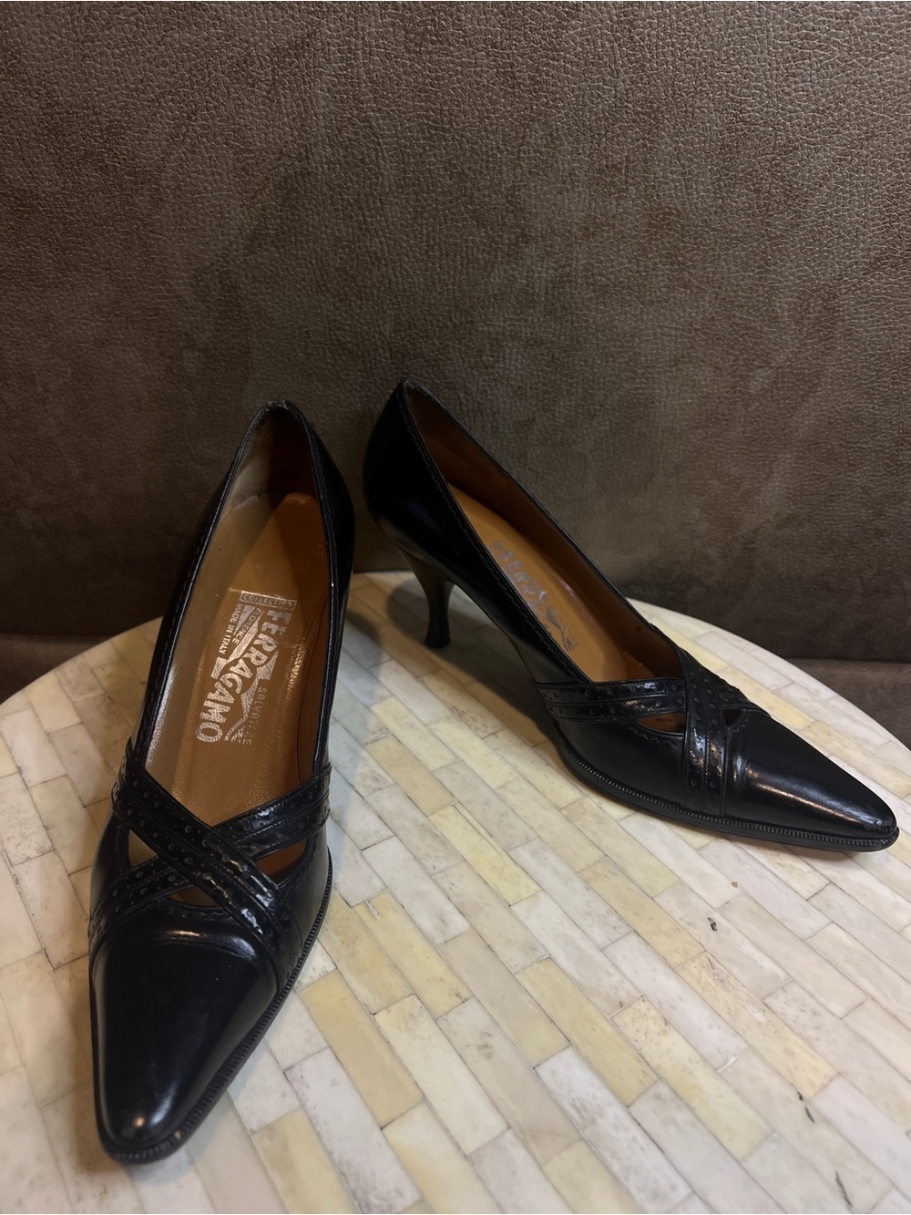 Salvatore Ferragamo Black Pointed Leather Kitten Heel Pumps with Cross Strap
